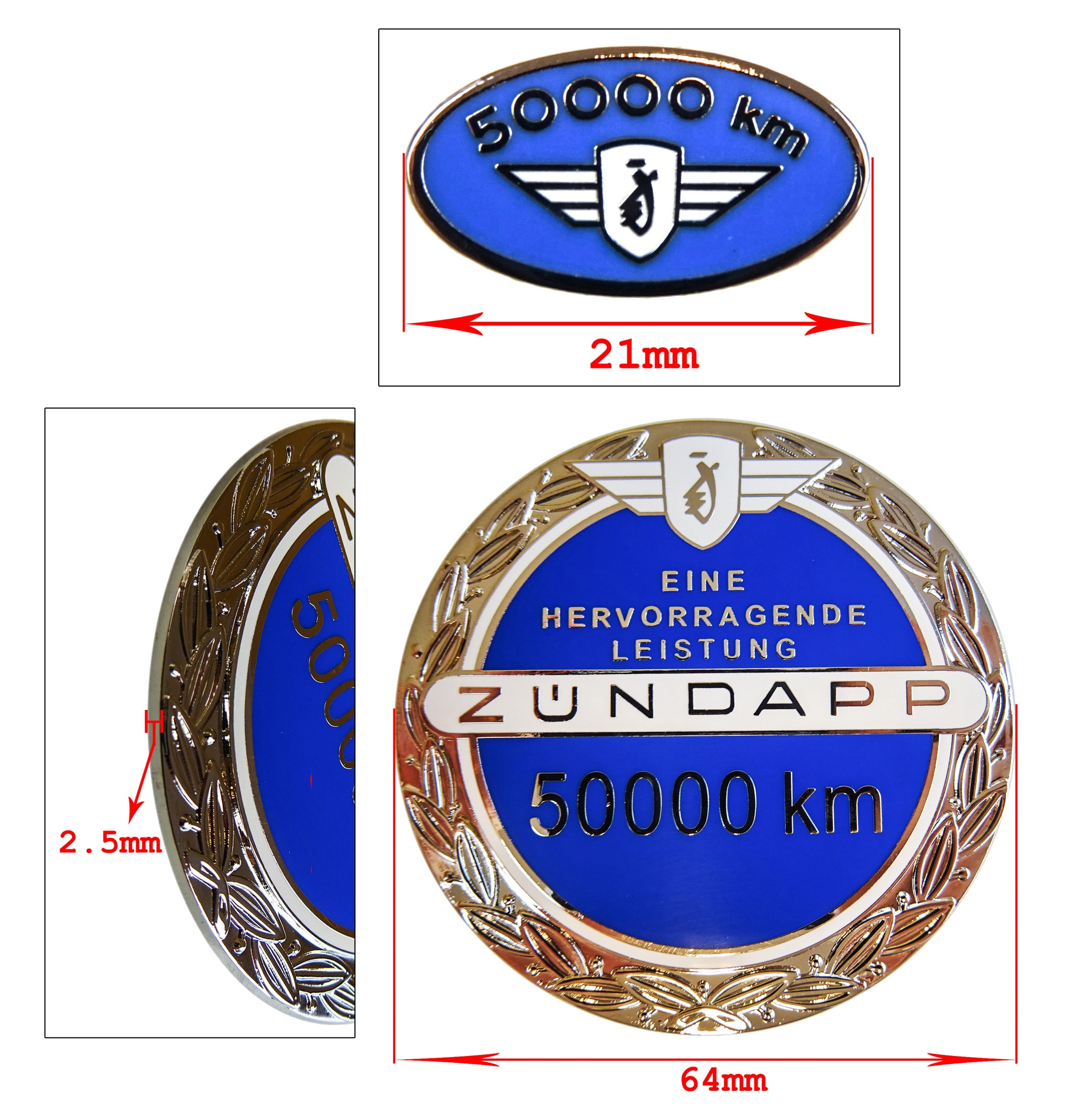 Tankemblemsats 50000km Blå, inkl rockmärken (Zündapp)